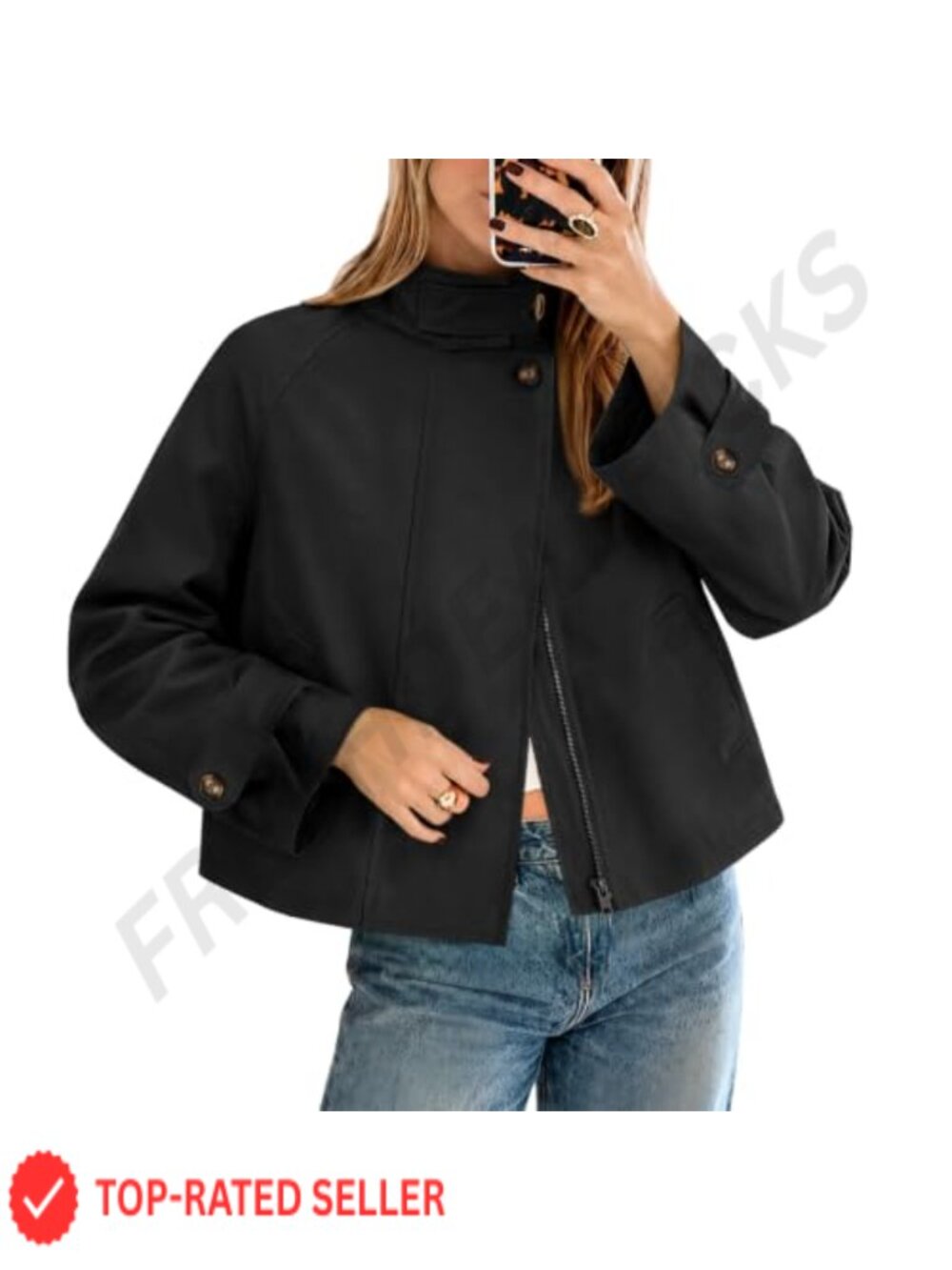 Women's Cropped Trench Coat Funnel Neck Zip Up Jacket